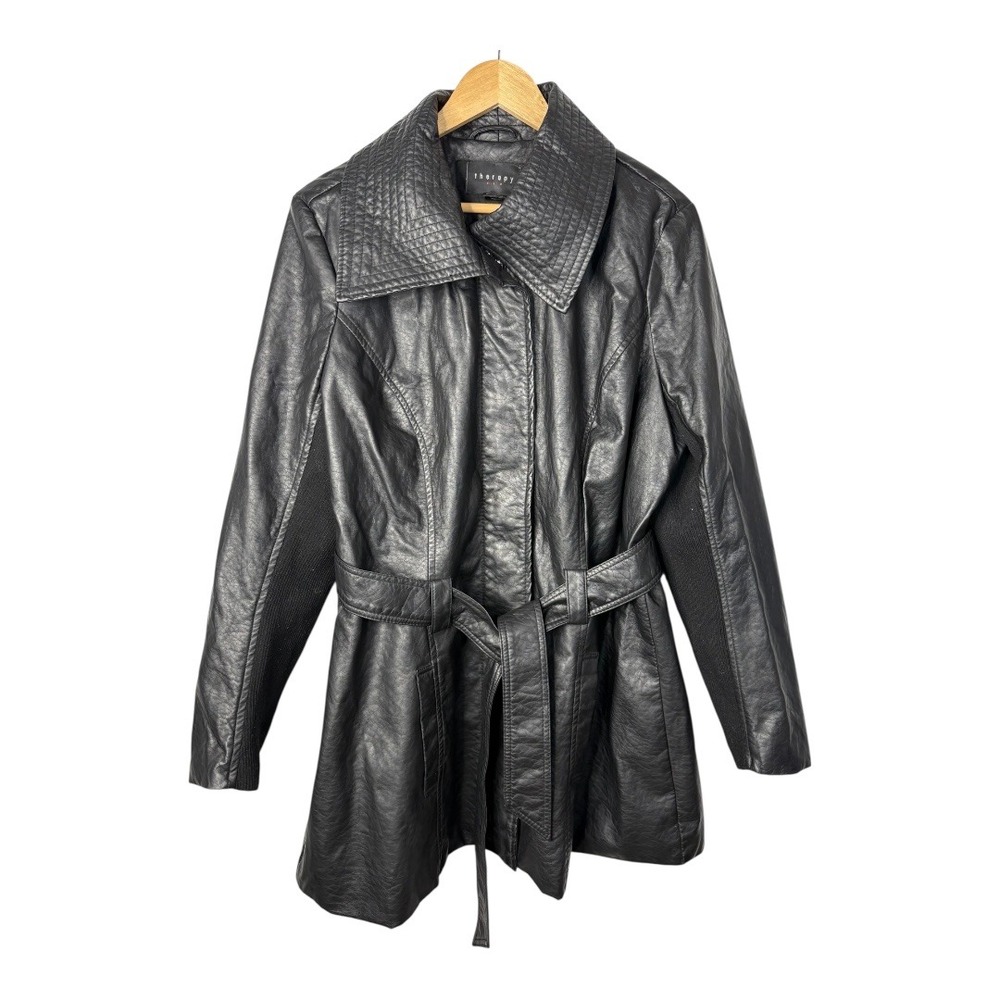 Therapy Faux Leather Trench Coat Womens 14/16 Black Belted Moto Jacket Edgy Chic